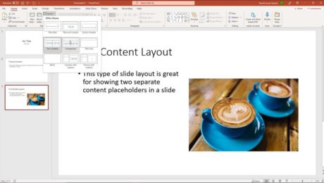 A picture of a user applying a new slide layout to a selected slide from the slide layouts in PowerPoint.