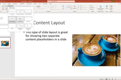 A picture of a user applying a new slide layout to a selected slide from the slide layouts in PowerPoint.