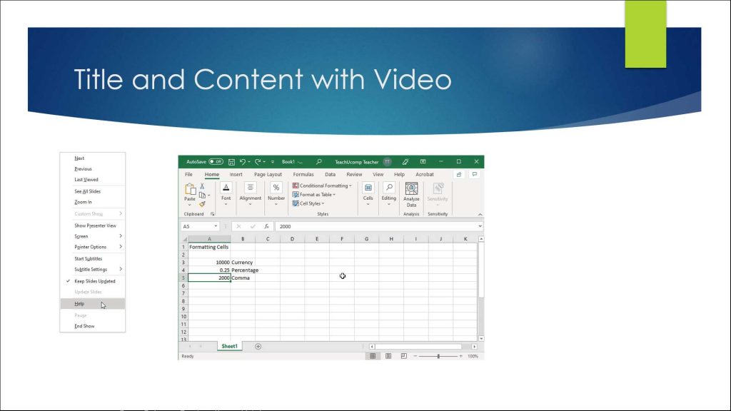 A picture showing the pop-up menu of commands in Slide Show view in PowerPoint.