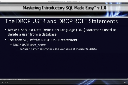 DROP USER and DROP ROLE Statements in SQL: A picture from the video lesson titled 