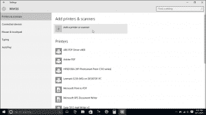 Printers and Scanners in Windows 10- Tutorial: A picture of the "Printers & scanners" category within the "Devices" settings in Windows 10.