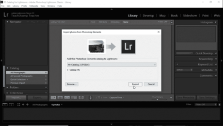 Import Photos from Photoshop Elements into Lightroom Classic CC- Instructions: A picture of a user importing a Photoshop Elements catalog into Lightroom Classic CC.