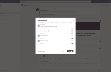 Record a Meeting in Teams - Instructions: A picture of a user posting to multiple channels in Microsoft Teams.