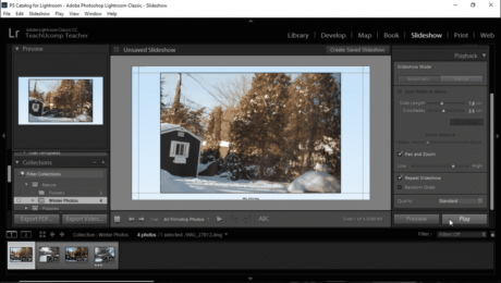 Play a Slideshow in Lightroom Classic CC- Instructions: A picture of a user clicking the “Play” button to start playing a slideshow in Lightroom Classic CC’s Slideshow module.