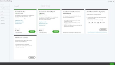 A picture showing the billing and subscription settings in QuickBooks Online.