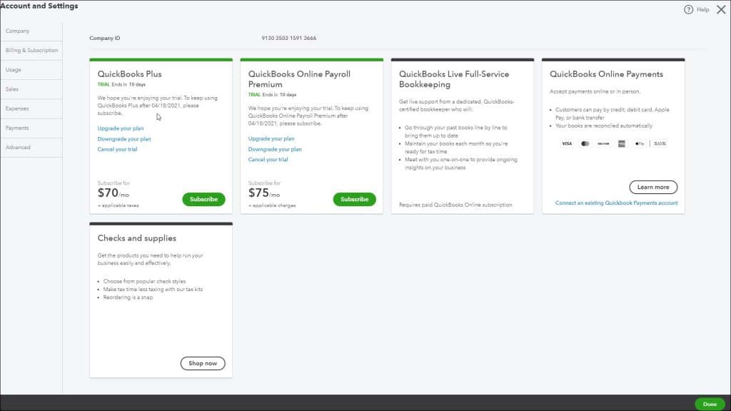 A picture showing the billing and subscription settings in QuickBooks Online.