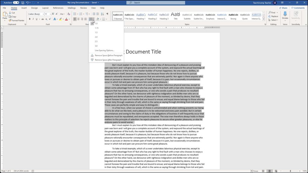 A picture showing how to quickly apply double space in Word to selected paragraphs in a document.