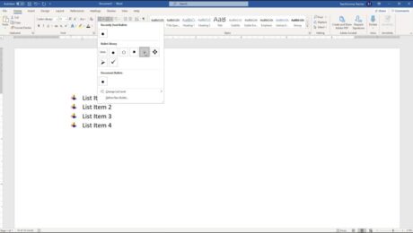 A picture showing how to manually do bullets in Word by applying a bullet style to a list.