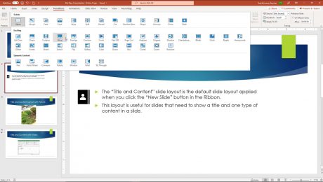 A picture of a user selecting a slide transition animation in PowerPoint from the expanded menu of choices.