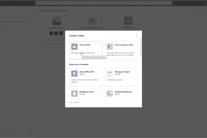 Create a Team in Microsoft Teams - Instructions: A picture of a user creating a new team in Microsoft Teams from scratch.