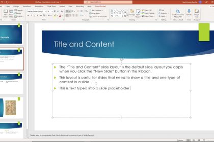 A picture showing how to add text to slides in PowerPoint by typing text into a slide placeholder.
