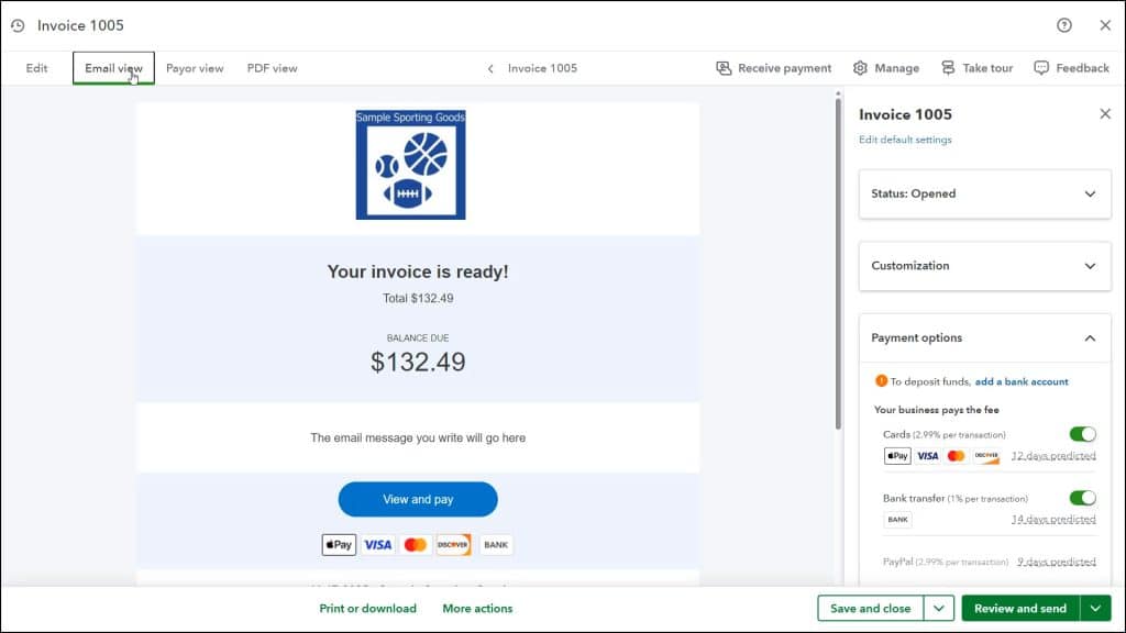 A picture showing how to see the way an invoice’s email appears by using the “Email view” tab when you preview sales forms in QuickBooks Online.