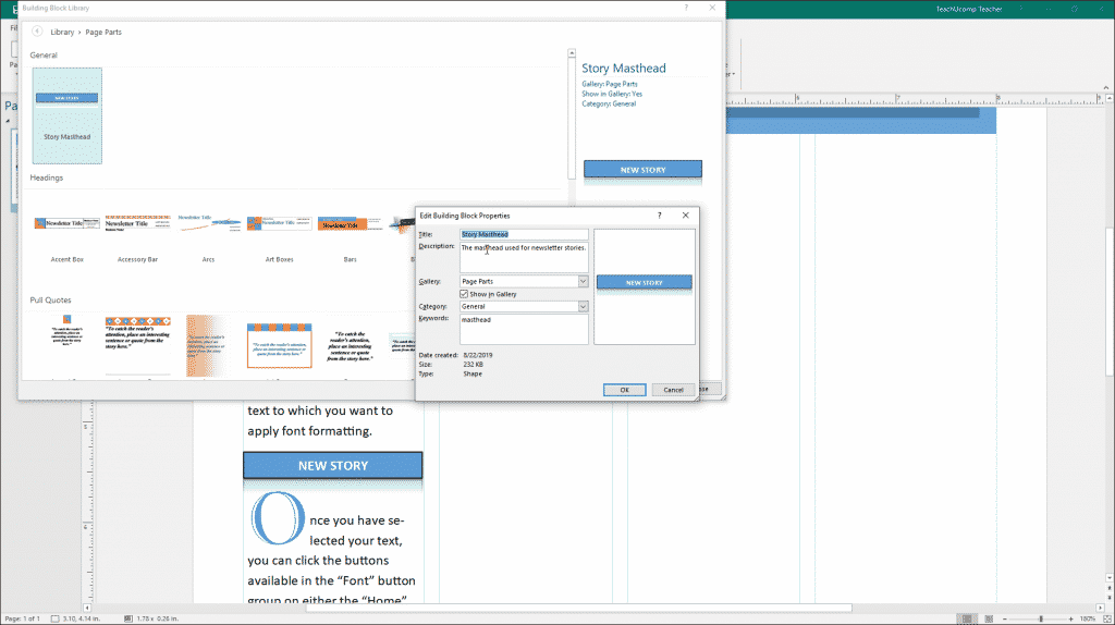 Use Building Blocks in Publisher - Instructions: A picture of a user editing the properties of a building block in the “Create New Building Block” dialog box in Microsoft Publisher.
