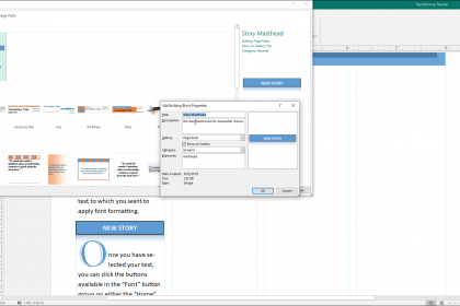 Use Building Blocks in Publisher - Instructions: A picture of a user editing the properties of a building block in the “Create New Building Block” dialog box in Microsoft Publisher.