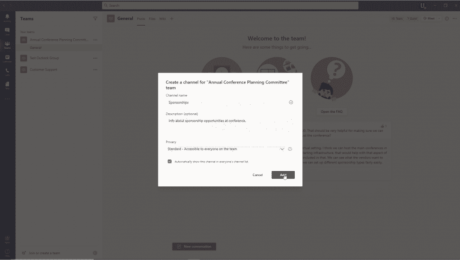 Create a Channel in Microsoft Teams - Instructions: A picture of a user creating a new channel for a team in Microsoft Teams.