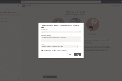 Create a Channel in Microsoft Teams - Instructions: A picture of a user creating a new channel for a team in Microsoft Teams.