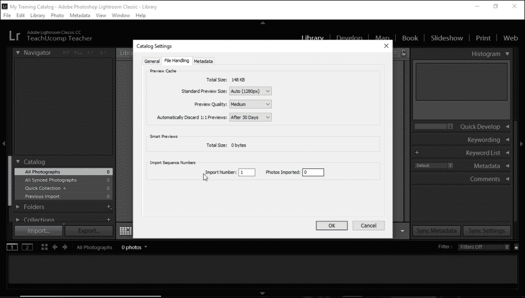 Catalog Settings in Lightroom Classic CC- Instructions: A picture of the “File Handling” catalog settings in Lightroom Classic CC.