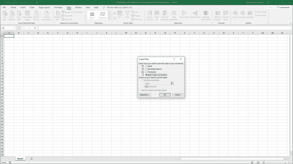 Add Excel Tables to a Data Model in Excel 2019- Instructions: A picture of the “Import Data” dialog box in Excel, which lets users add tables to a workbook’s data model.