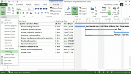 Changing Views in Microsoft Project 2013:2010: A picture of the listing of project views that are shown when you click the project view button in the 