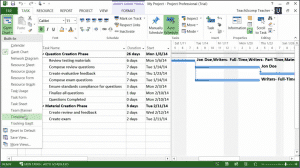 Changing Views in Microsoft Project 2013:2010: A picture of the listing of project views that are shown when you click the project view button in the "View" button group on the "View" tab in the Ribbon.