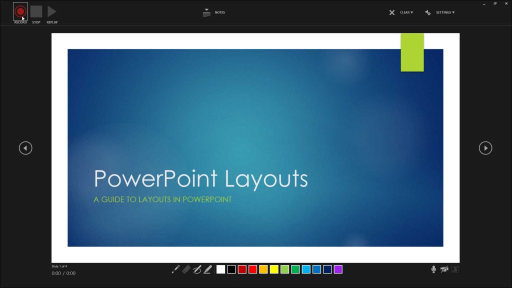 A picture showing how to record a slide show in PowerPoint using the Recording window in PowerPoint for Microsoft 365.