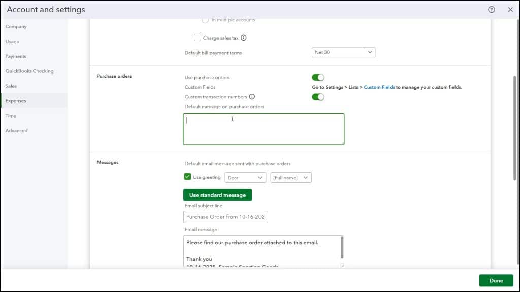 A picture showing how to enable purchase orders in QuickBooks Pro by enabling the “Use purchase orders” setting.