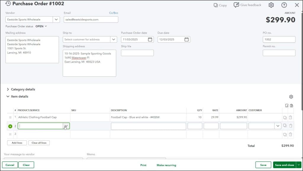 A picture showing how to select products and services when you create a purchase order in QuickBooks Online.