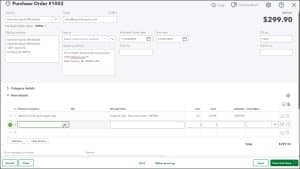 A picture showing how to select products and services when you create a purchase order in QuickBooks Online.