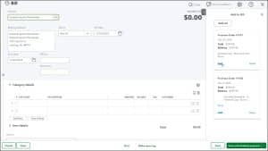A picture showing how to add a purchase order to a bill in QuickBooks Online.