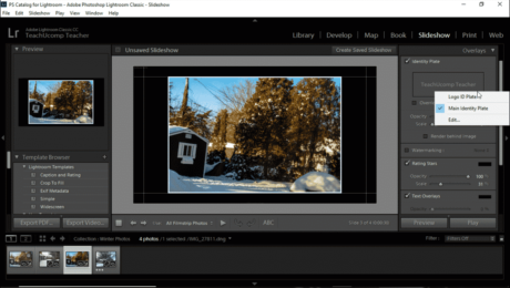 Add an Identity Plate to a Slideshow in Lightroom Classic CC- Instructions: A picture of a user adding a saved identity plate to a slideshow in Lightroom Classic CC.