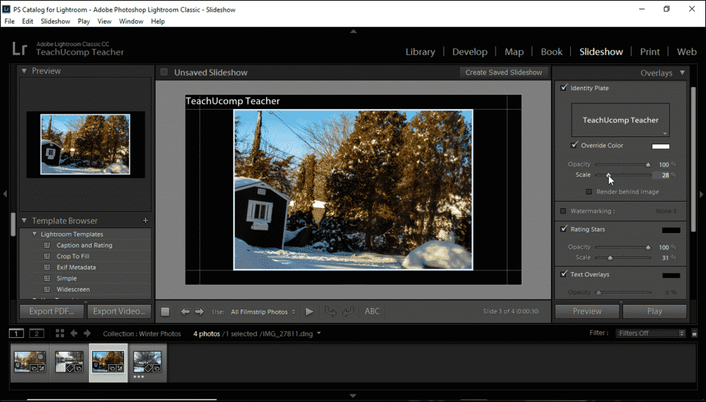 Add an Identity Plate to a Slideshow in Lightroom Classic CC- Instructions: A picture of a user formatting a selected identity plate within a slideshow in Lightroom Classic CC.