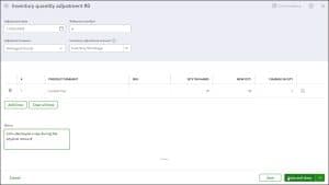 A picture showing how to adjust inventory in QuickBooks Online by making an inventory quantity adjustment.