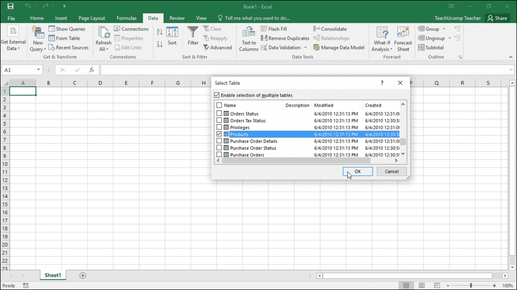 Create a Data Model from External Relational Data in Excel - Instructions: A picture of a user selecting the external relational data tables to add to the data model in an Excel workbook by using the “Select Table” dialog box.