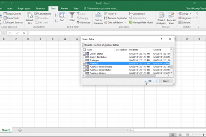 Create a Data Model from External Relational Data in Excel - Instructions: A picture of a user selecting the external relational data tables to add to the data model in an Excel workbook by using the “Select Table” dialog box.