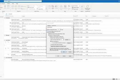 AutoArchive in Outlook- Instructions: A picture of the “AutoArchive” dialog box, which lets you set the default AutoArchiving settings for your Outlook folders.