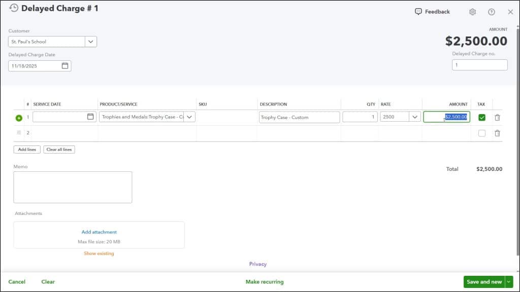 A picture showing how to create a delayed charge in QuickBooks Online.