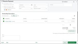 A picture showing the “Amount to Apply” to a customer invoice and the “Amount to Credit” to a customer when you record a customer overpayment in QuickBooks Online within the “Receive Payment” window.