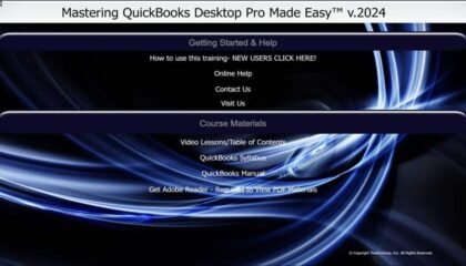 A picture of the training interface for the digital download or DVD versions of our QuickBooks Desktop Pro training, titled Mastering QuickBooks Desktop Pro Made Easy™ v.2024.