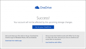 Keep Your 15 GB Free OneDrive Storage - News: A picture of the "Success!" screen shown after you opt-in to keep your 15 GB free OneDrive storage. (Source: Microsoft)