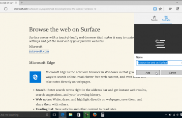 The Reading List in Microsoft Edge - Tutorial: A picture of a user adding a web page to the Reading list in Microsoft Edge.