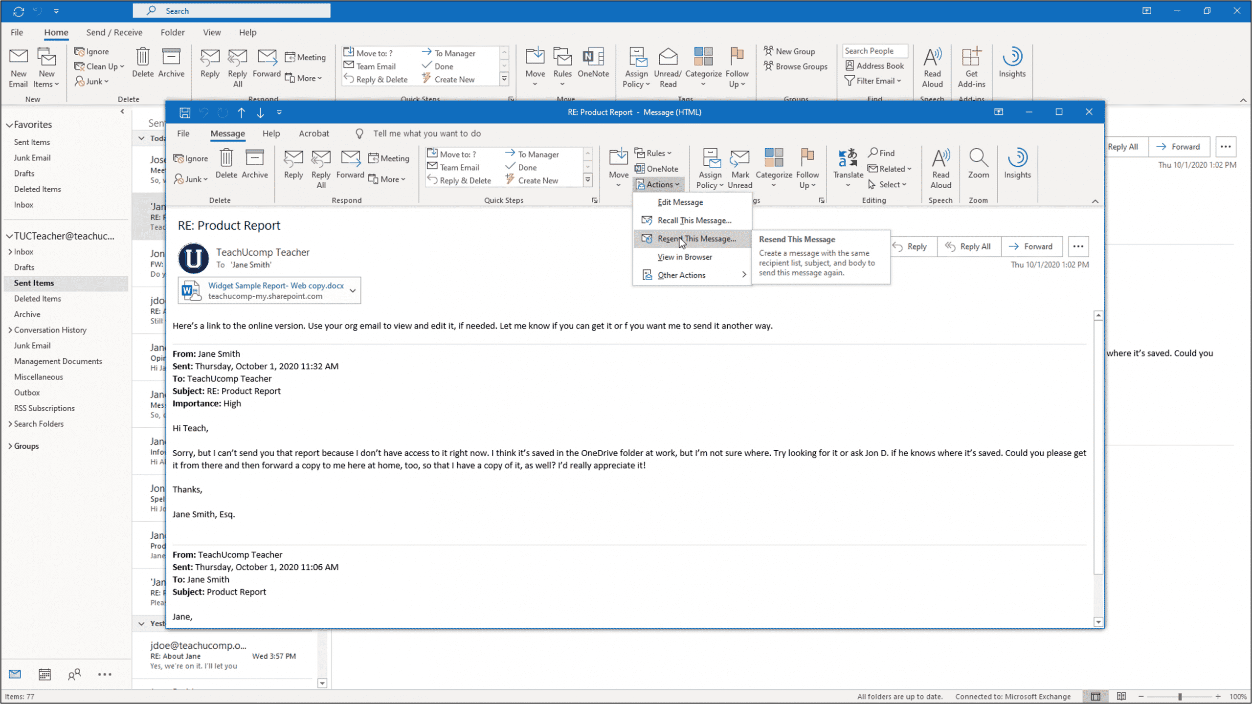 resending email in outlook