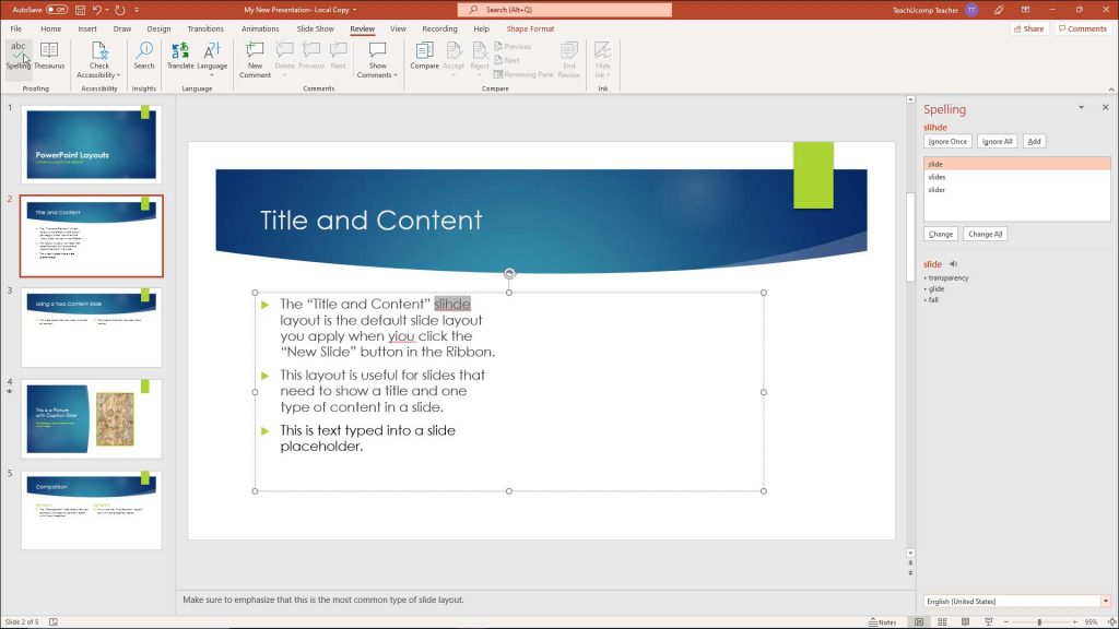 A picture showing how to Spell Check in PowerPoint for Microsoft 365.
