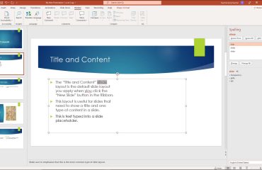 A picture showing how to Spell Check in PowerPoint for Microsoft 365.