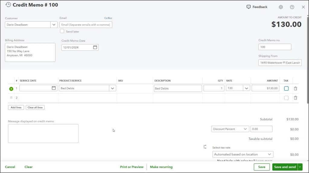 A picture showing how to record bad debt in QuickBooks Online within the “Credit Memo” window.
