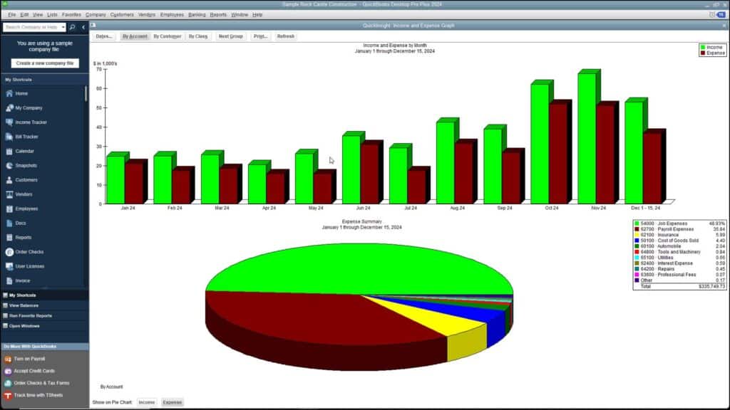 Use Graphs in QuickBooks Desktop Pro- Instructions: A picture of the Income and Expense Graph in QuickBooks Desktop Pro.