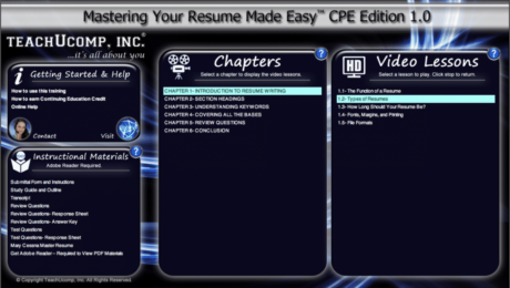 Types of Resumes- A Tutorial: A picture of the training interface from our resume-writing training; titled “Mastering Your Resume Made Easy v.1.0.”