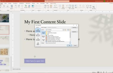 A picture of a user adding a hyperlink in PowerPoint to a selected shape in a slide.