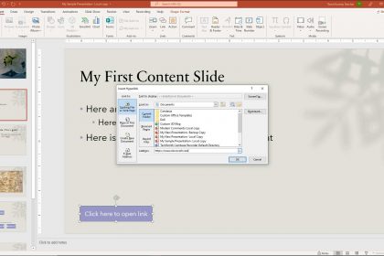 A picture of a user adding a hyperlink in PowerPoint to a selected shape in a slide.