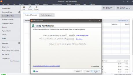 Set Up Sales Tax in Sage 50- Instructions: A picture of a user creating a sales tax within the “Set Up Sales Taxes” window of Sage 50.