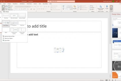 A picture that shows how to insert a new slide in PowerPoint by selecting a slide layout to insert into the presentation.